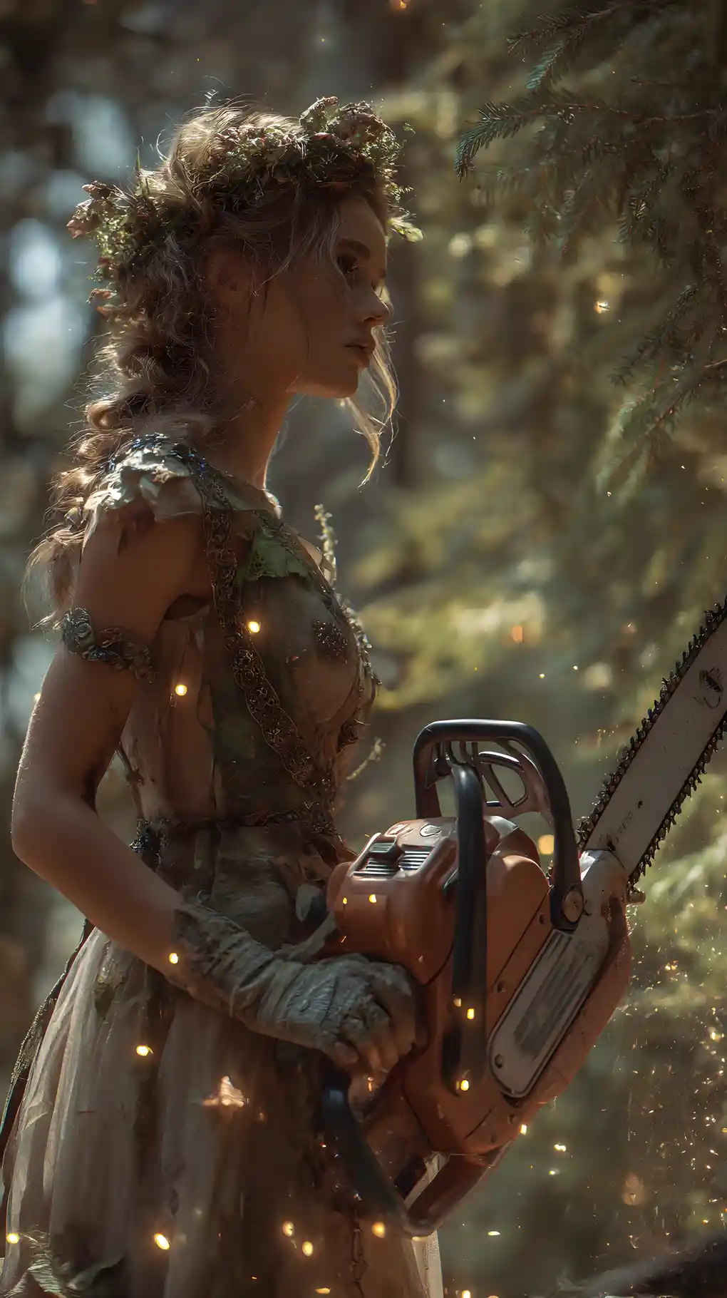 Wood nymph pruning a forest with a glowing chainsaw