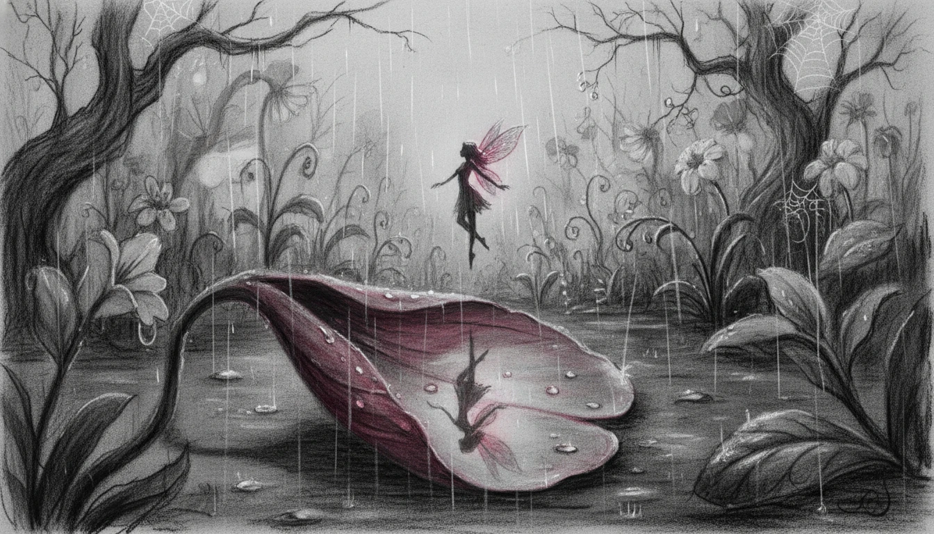 Fairy Dancing In Rain In A Charcoal Fantasy Garden