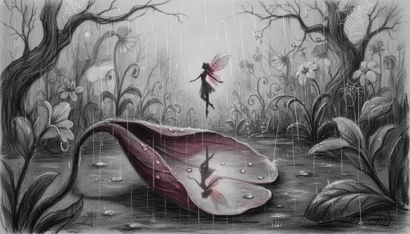 Fairy Dancing In Rain In A Charcoal Fantasy Garden