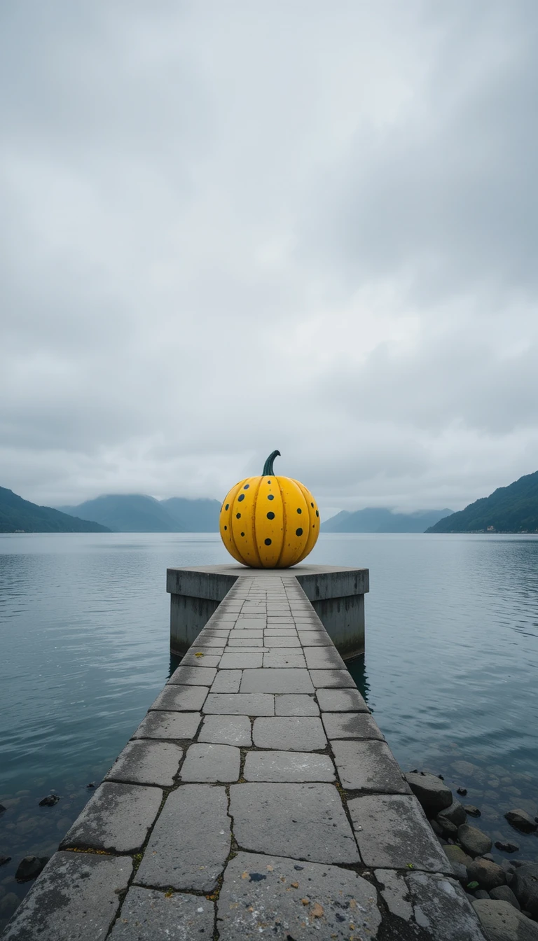 Yellow pumpkin sculpture on pier in tranquil coastal scene