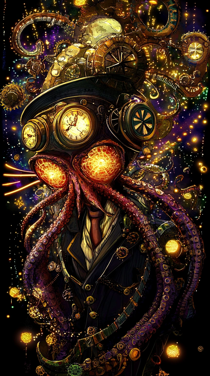 Grotesque steampunk humanoid amid swirling fluorescent cosmos