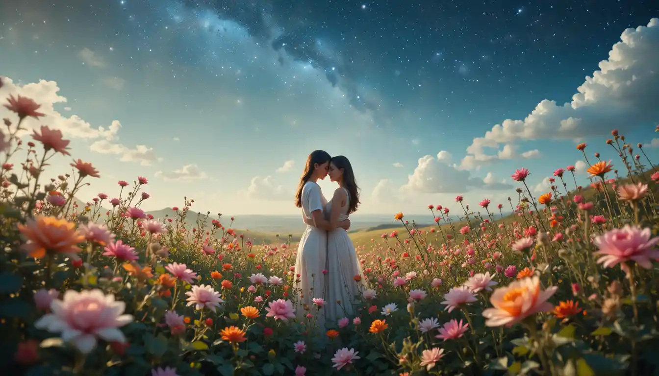 Multicultural woman in a wildflower field under night stars