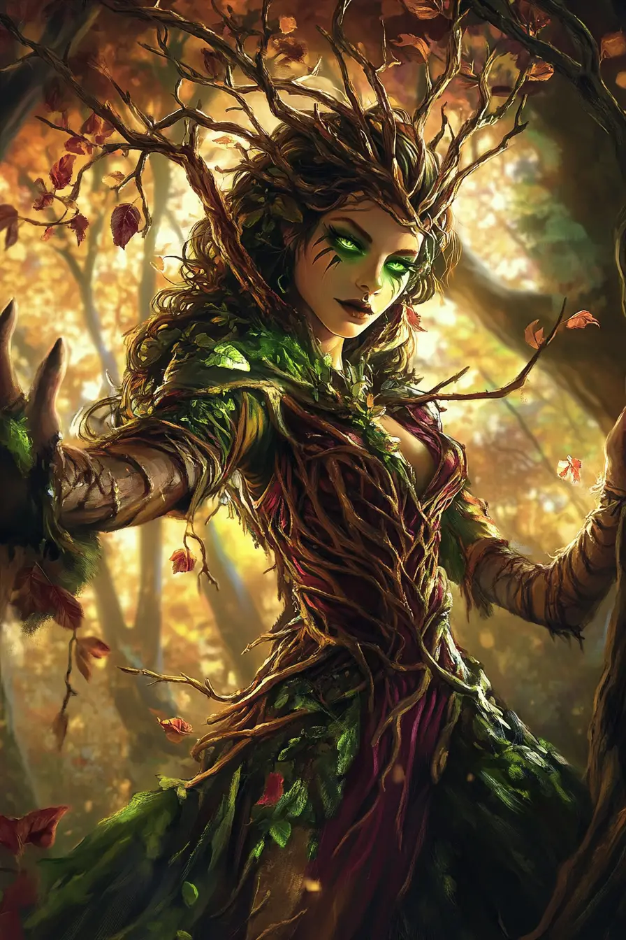 Mystical dryad merged with a tree of life at sunset