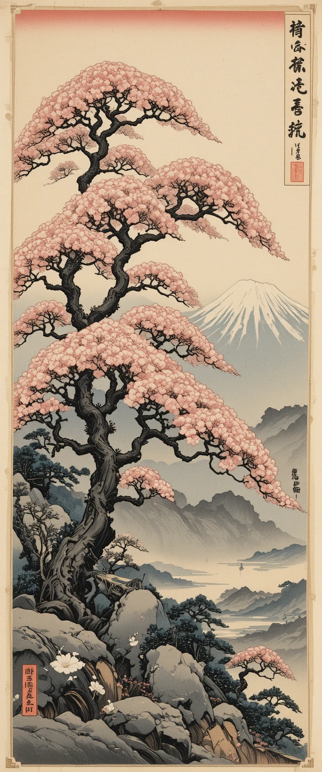 Paesaggio ukiyo-e del Monte Fuji e ciliegio in fiore