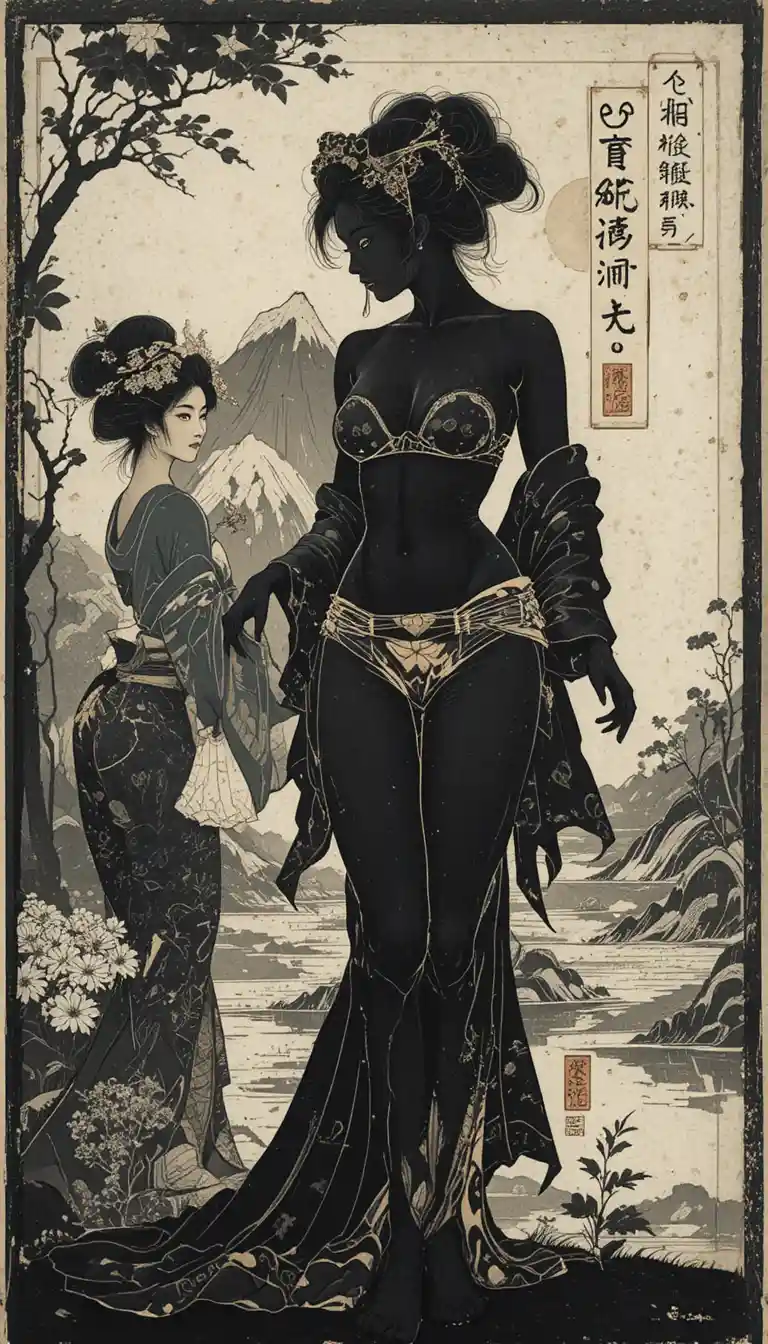 Modelos de biquíni em estilo ukiyo-e impressos como xilogravura vintage