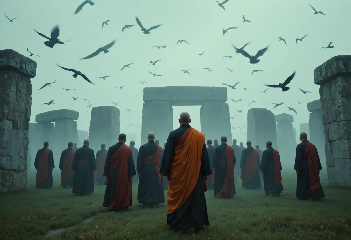 Dominikanische und tibetische Mönche versammeln sich im nebligen Stonehenge