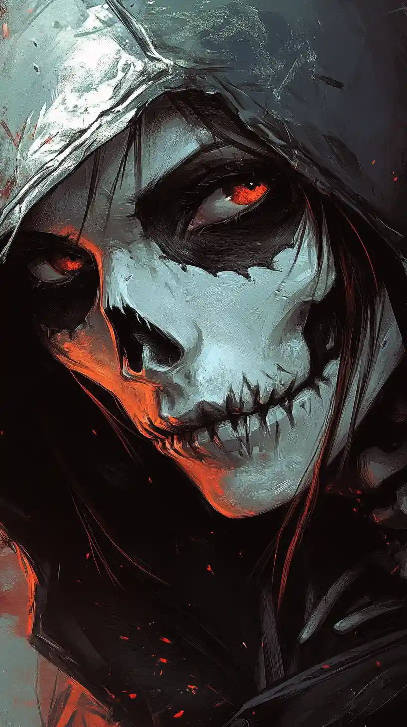 Close up gothic skeleton in hood with dramatic shadows