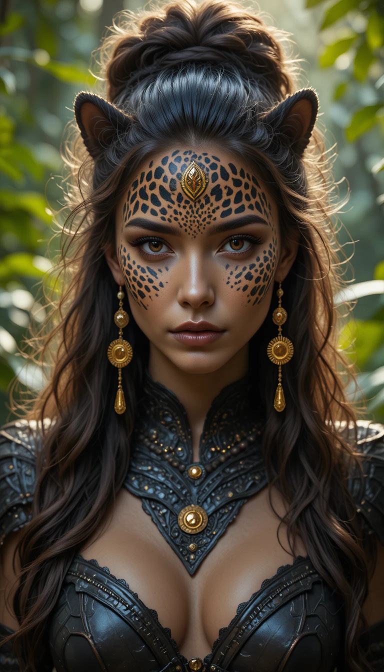 Mystical leopard woman warrior standing in a lush jungle