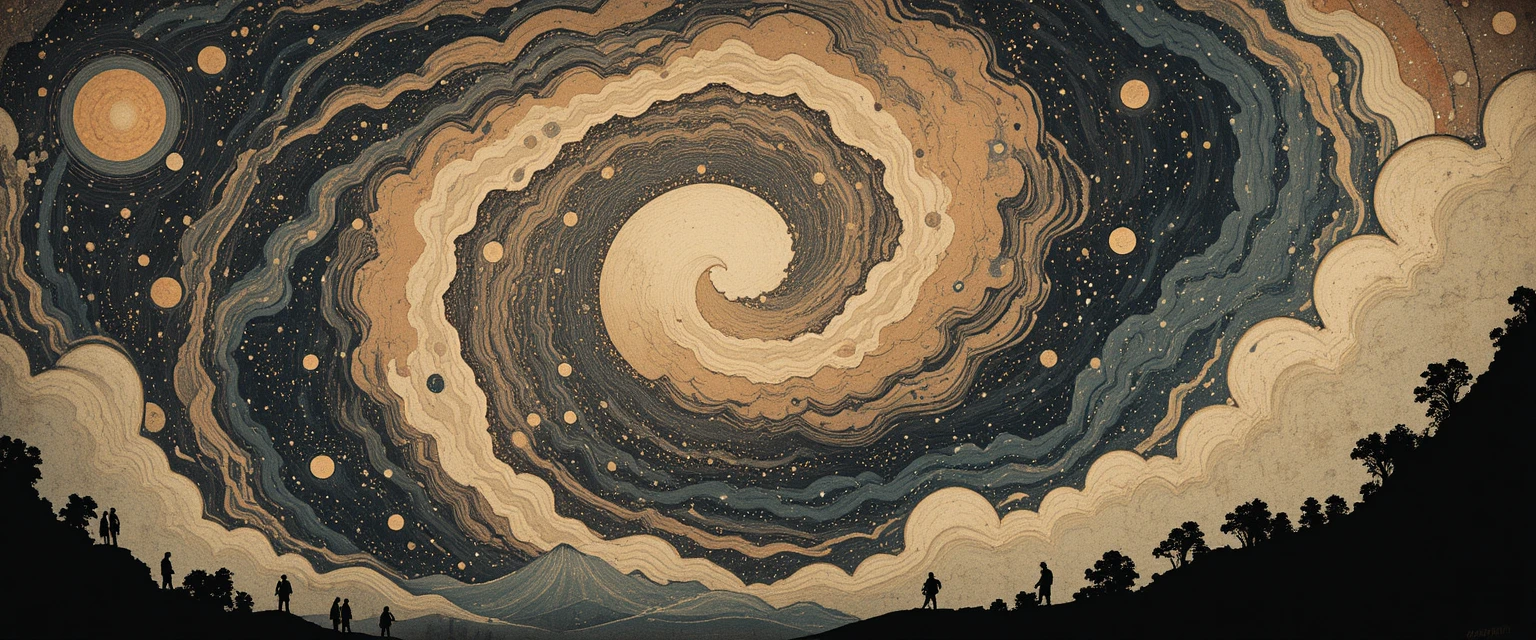 Galassia in xilografia che vortica sul pergamena in stile mistico