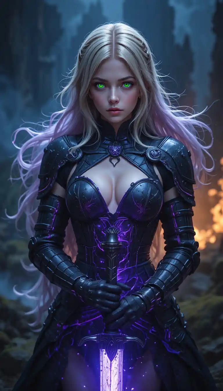 Dark armored fantasy girl with sword on ruined battlefield