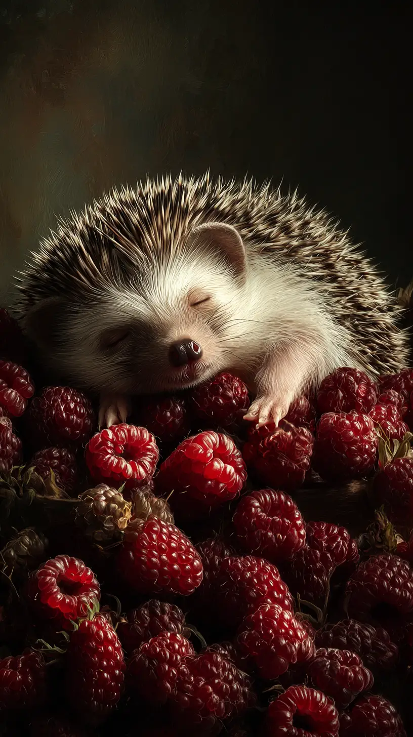 Sleepy Hedgehog Resting In A Bed Of Fresh Raspberries