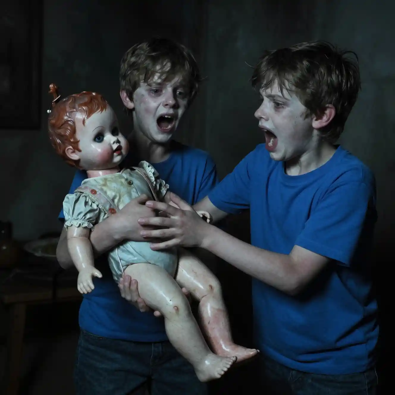 Terrified twin boys attacked by a porcelain doll