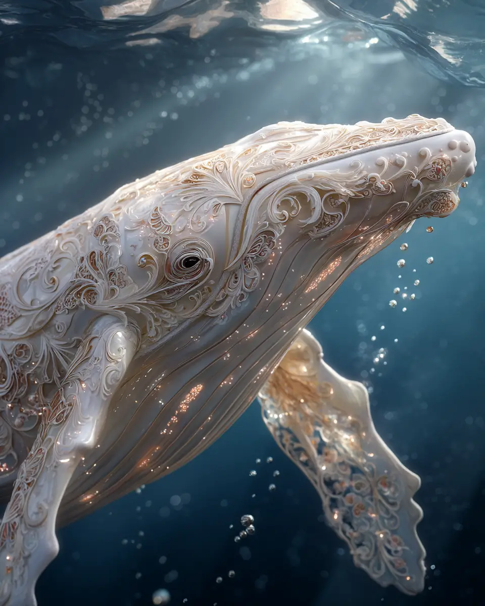 Lace sculpted whale emerging from the deep ocean