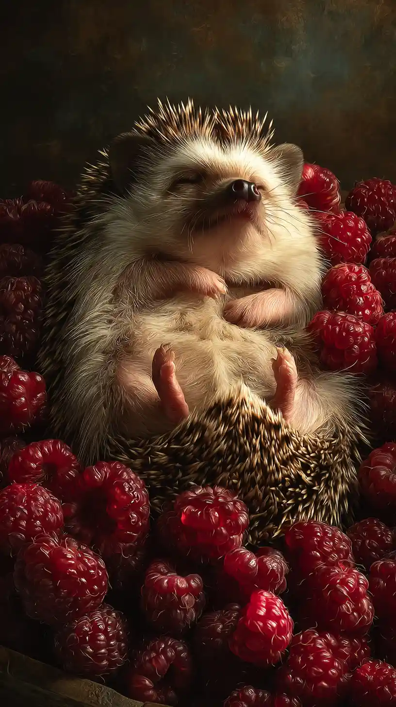 Schlafender Igel auf Himbeeren in gemütlichem Stillleben