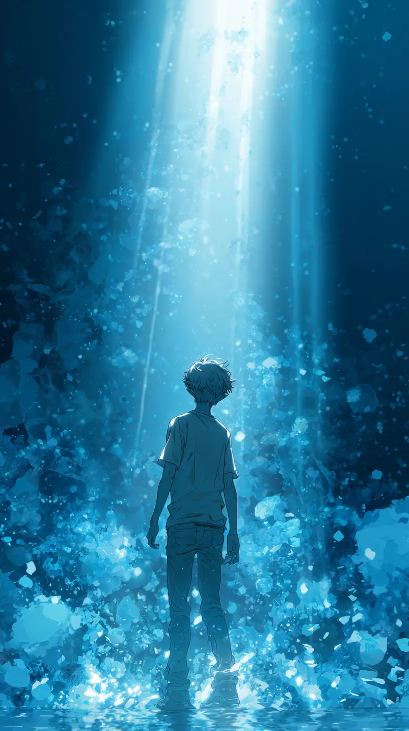 Young man in glowing blue ethereal light column