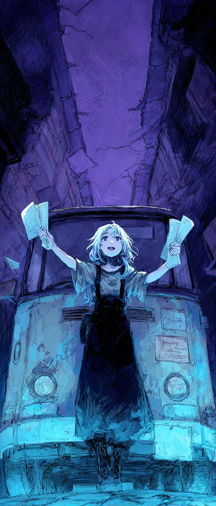 Hopeful white haired girl with letters by mail van