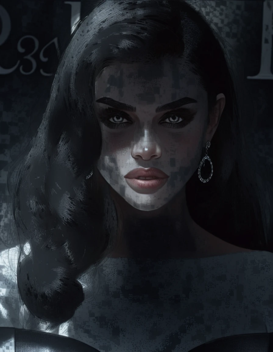 Surreal goth girl queen with chess pieces in darkness