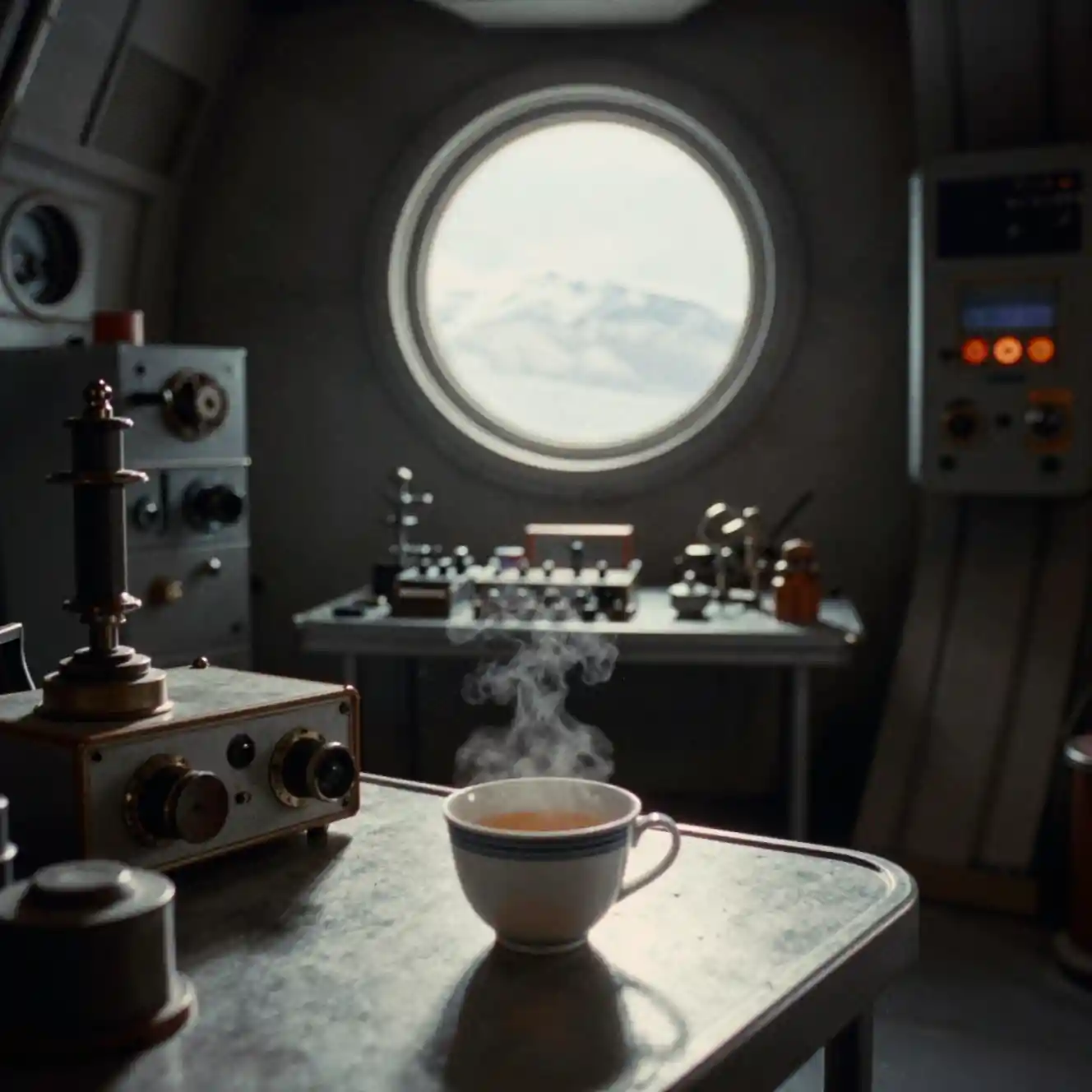 Tazza di tè su un tavolo retrò futuristico di stazione spaziale