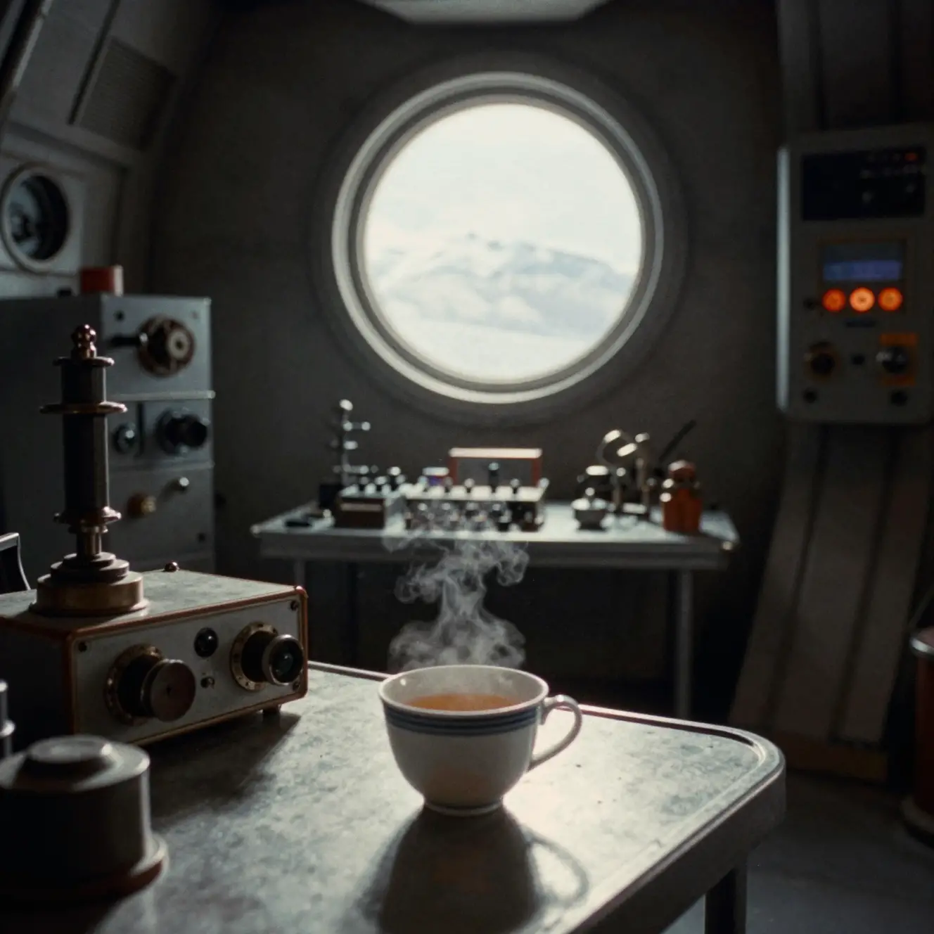 Taza de té sobre una mesa retrofuturista de estación espacial