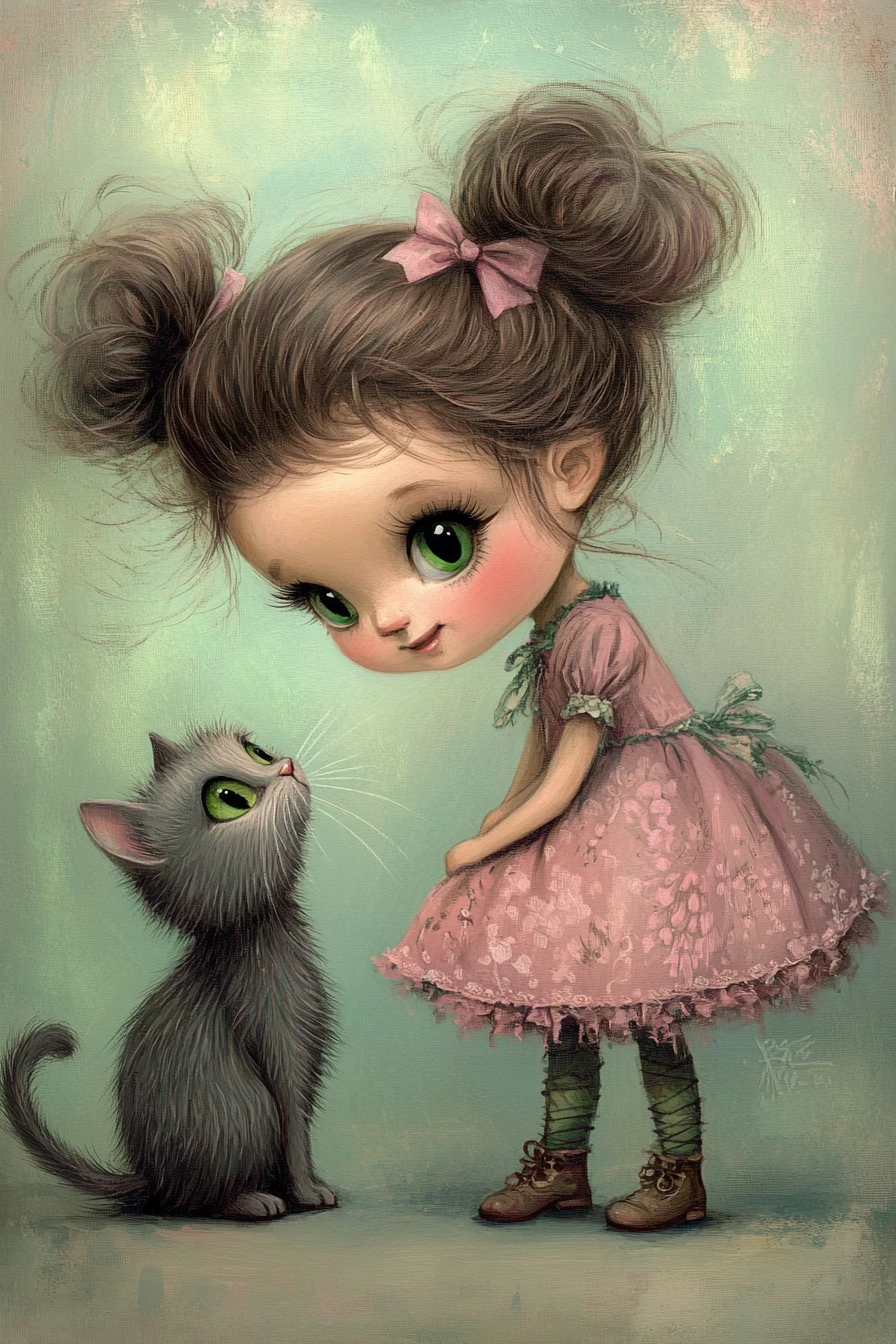 Junges Mädchen und graue Katze in einer zarten Pastellillustration