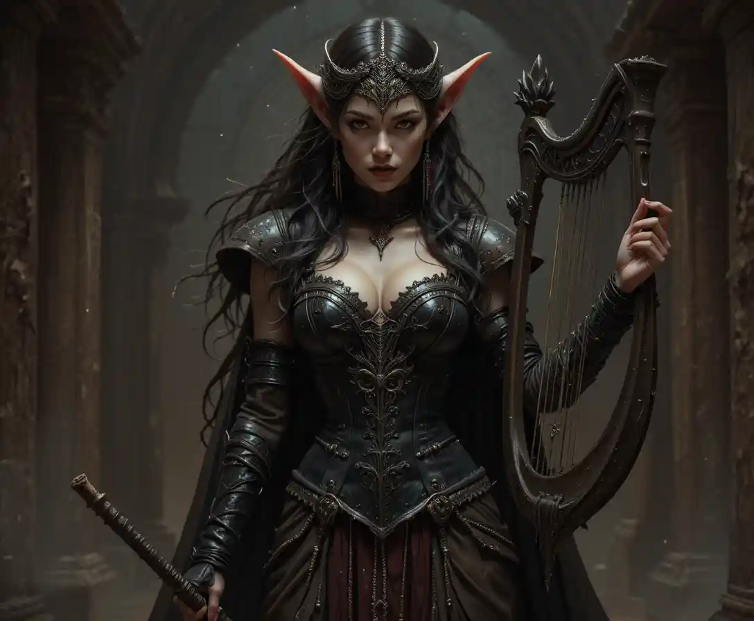 Dark fantasy tiefling bard woman with leather corset