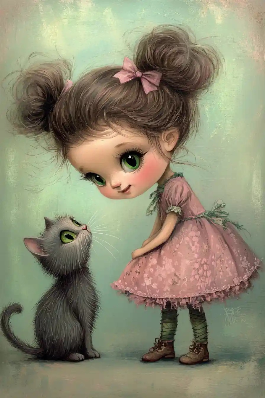 Junges Mädchen und graue Katze in einer zarten Pastellillustration