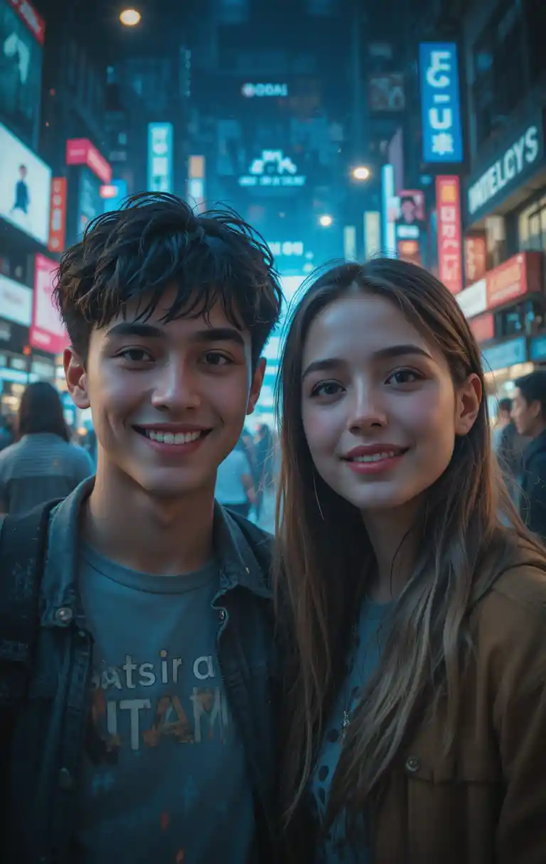 Adolescenti sorridenti incorniciati da simboli dello stress digitale moderno
