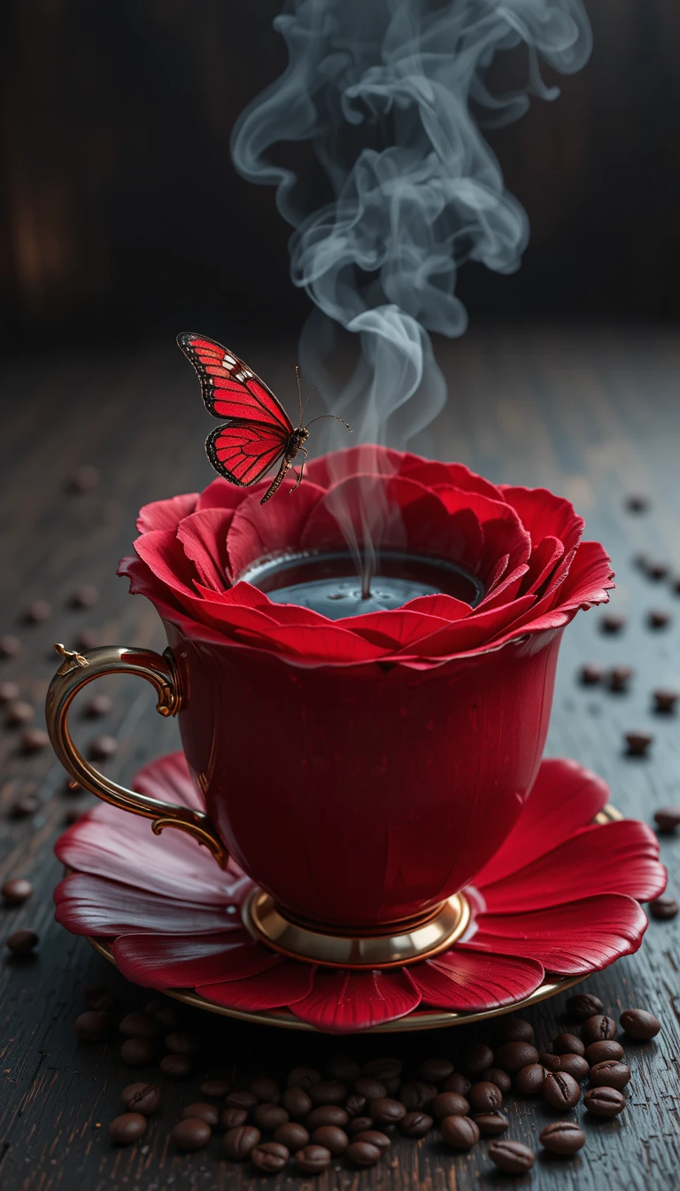 Tasse de café rose en macro avec expresso et papillon