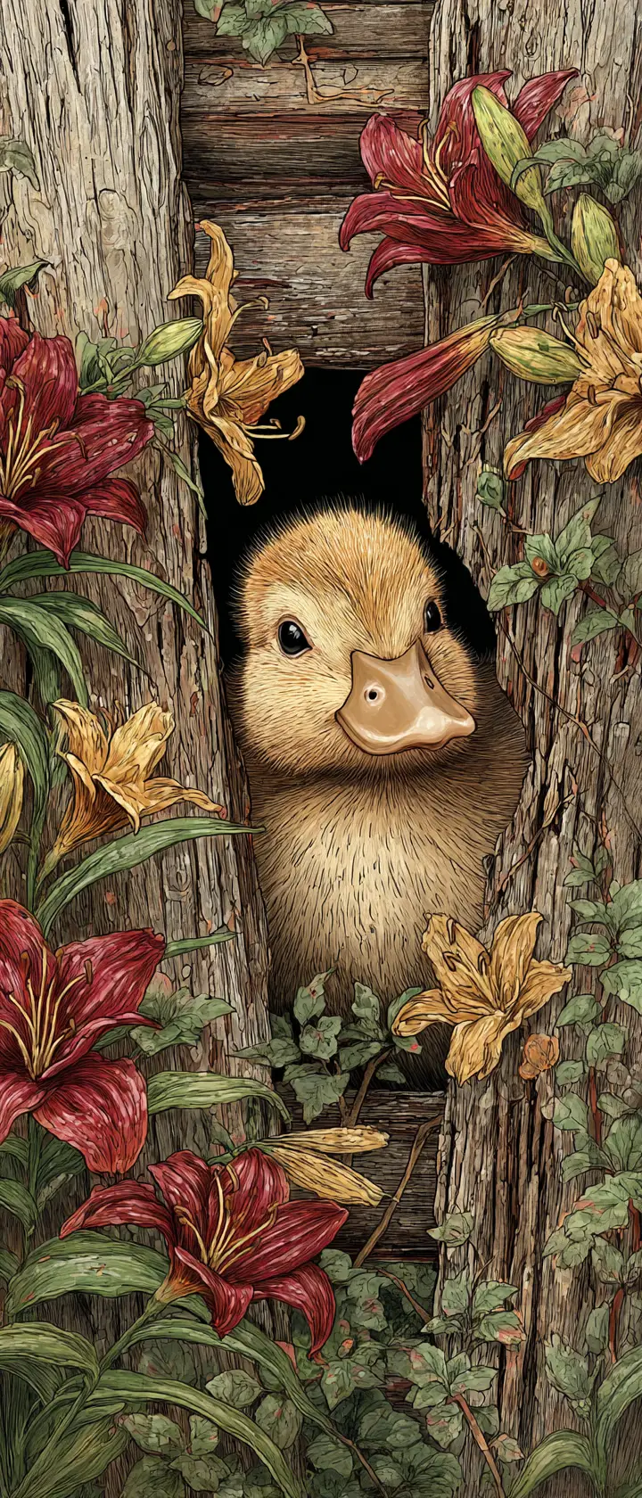 Adorable caneton regardant à travers un cœur dans une clôture en bois rustique