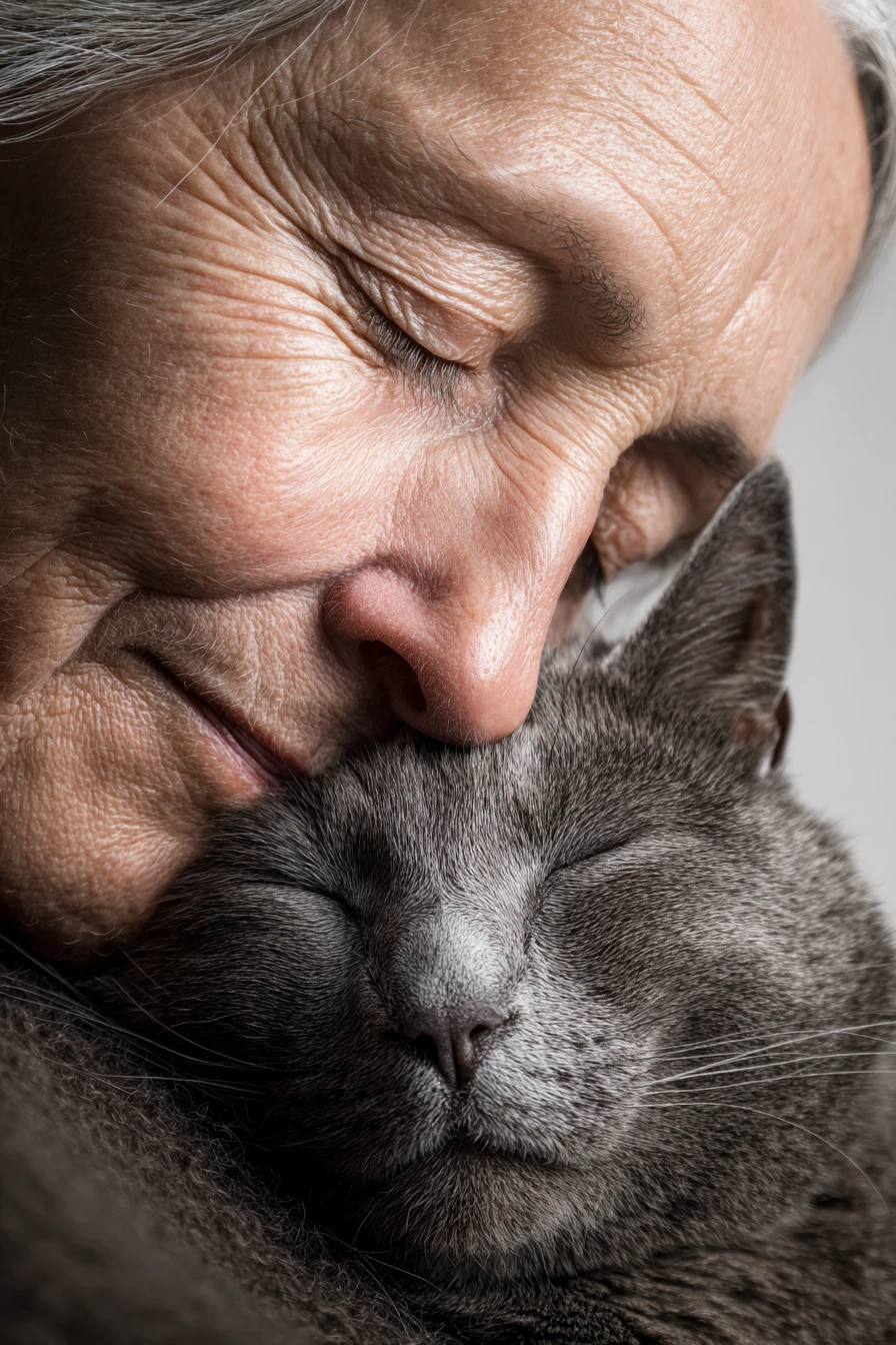 Anziana che riposa serenamente con un gatto grigio addormentato