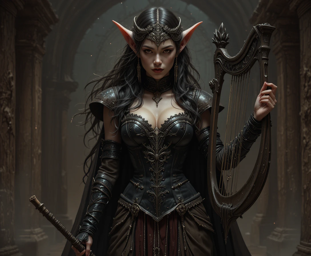 Dark fantasy tiefling bard woman with leather corset
