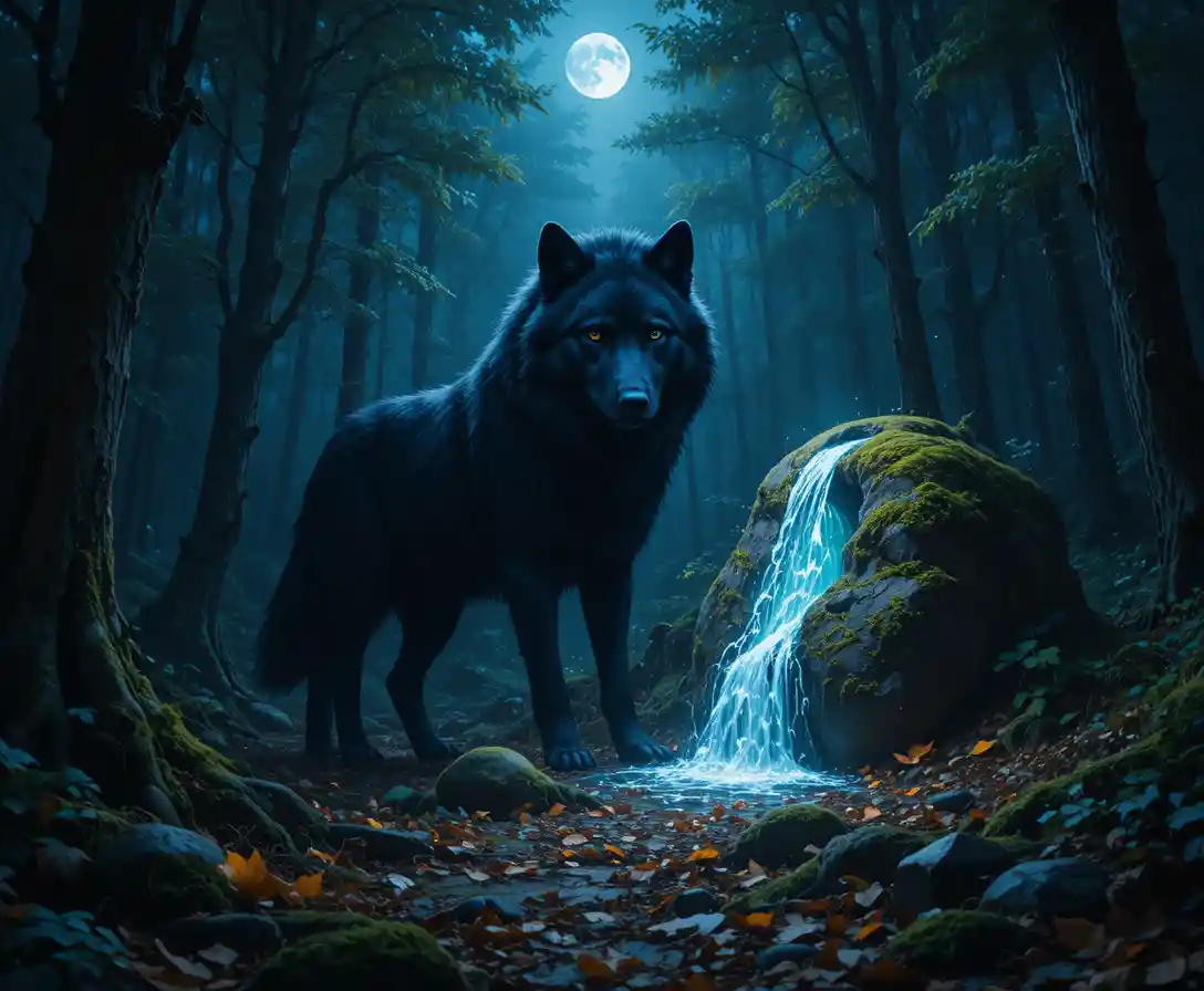 Lupo regale che osserva da un masso luminoso in una foresta incantata