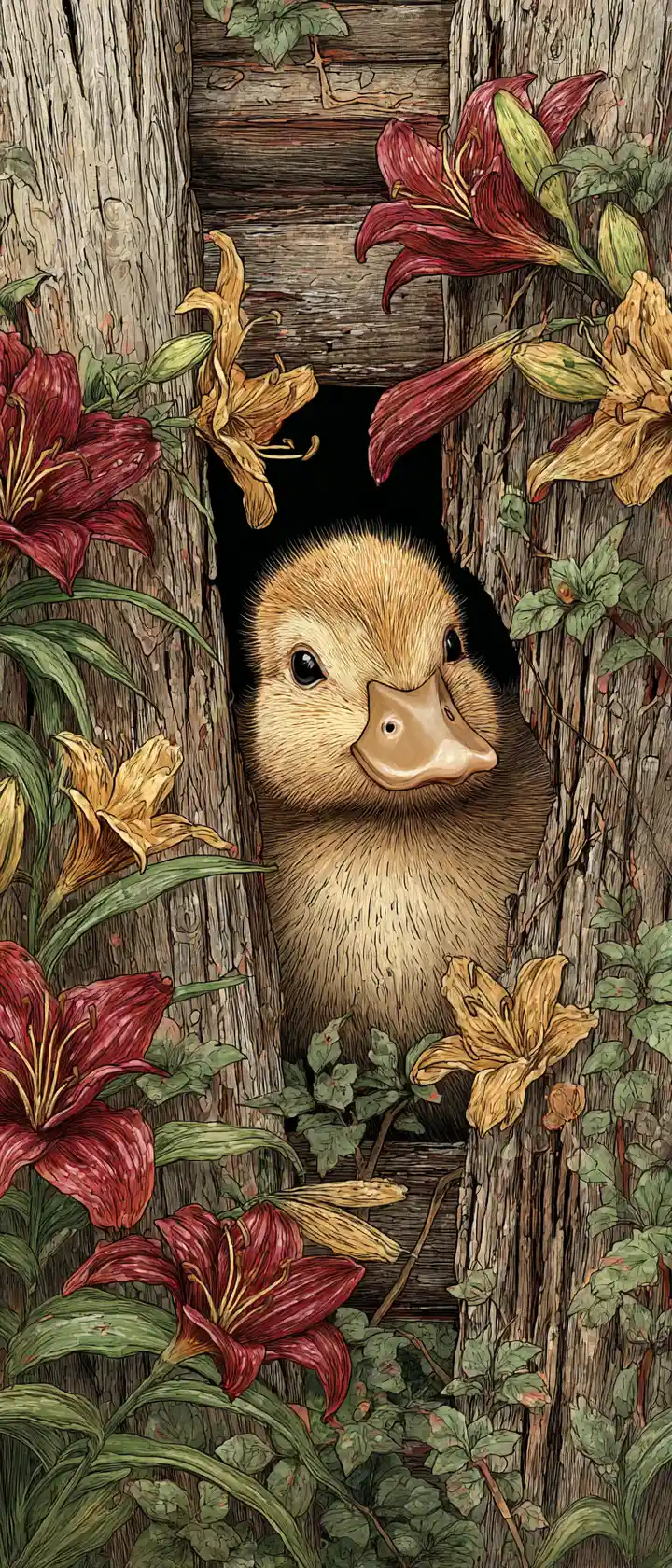 Cute duckling peeking through heart in rustic wooden fence