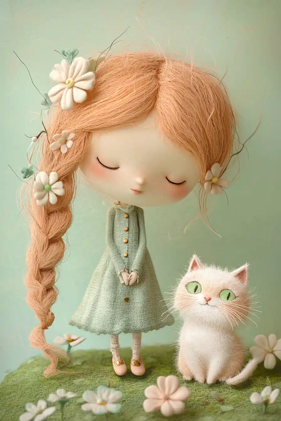 Dreamy Girl With Fluffy Cat In Pastel Garden Illustration
