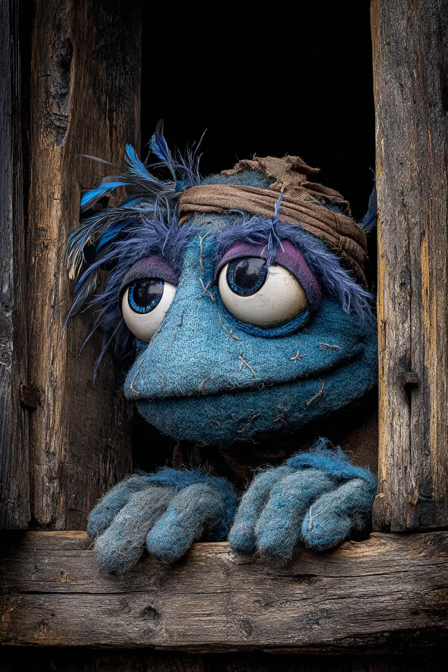 Blue fuzzy puppet looking out from rustic wooden opening