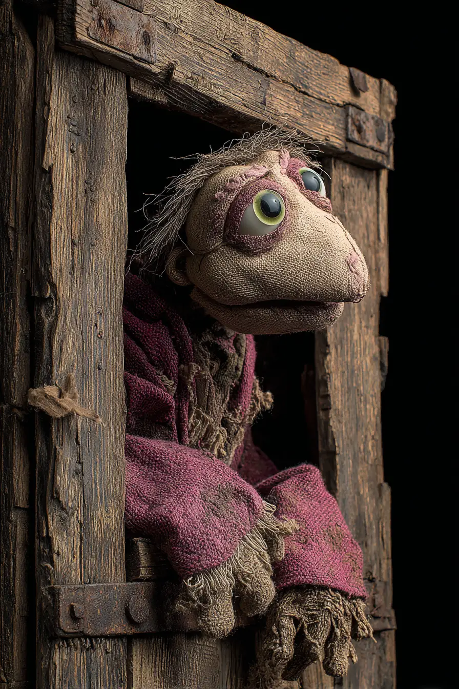 Marioneta de ojos verdes asomándose desde una abertura de madera oscura