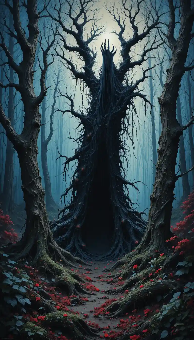 Medieval forest horror scene with twisted desolate trees