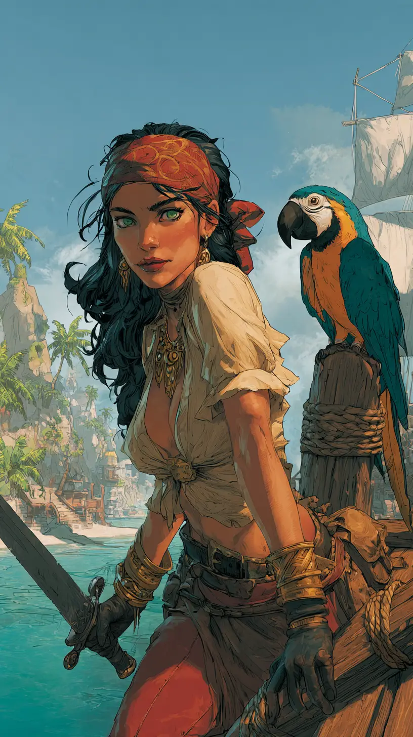 Latina pirate woman with toucan on tropical ship deck