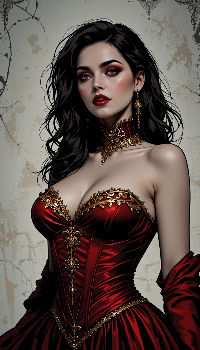 Donna vampira con labbra cremisi in corsetto scarlatto – ritratto