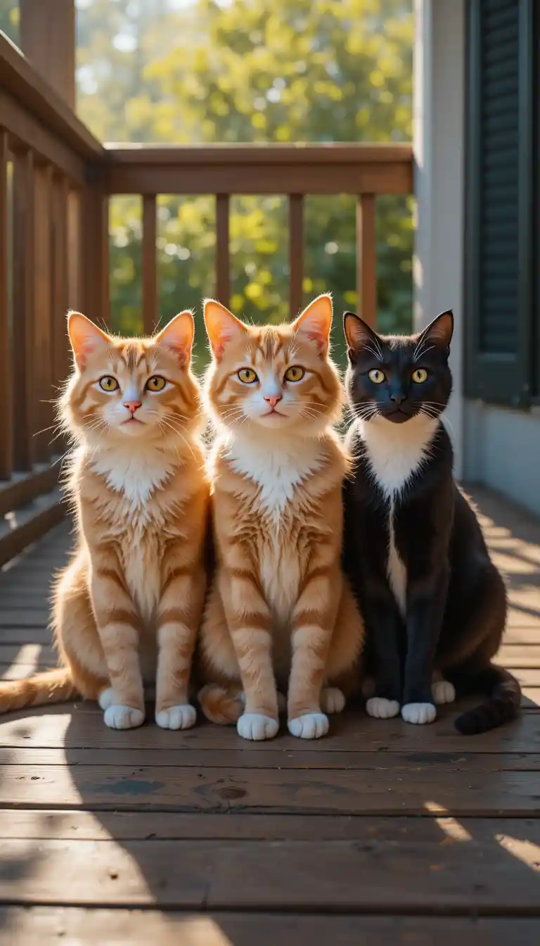 Tres gatos domésticos sentados juntos en un porche bañado por el sol