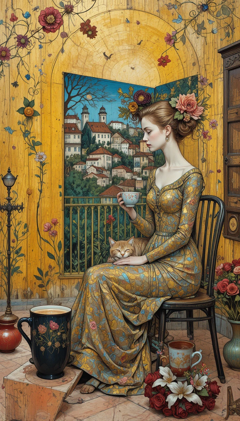 Primo piano di una donna elegante su una terrazza soleggiata
