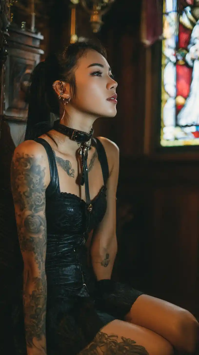Muskulöse tätowierte Frau im schwarzen Kleid sitzt in einer Kirche