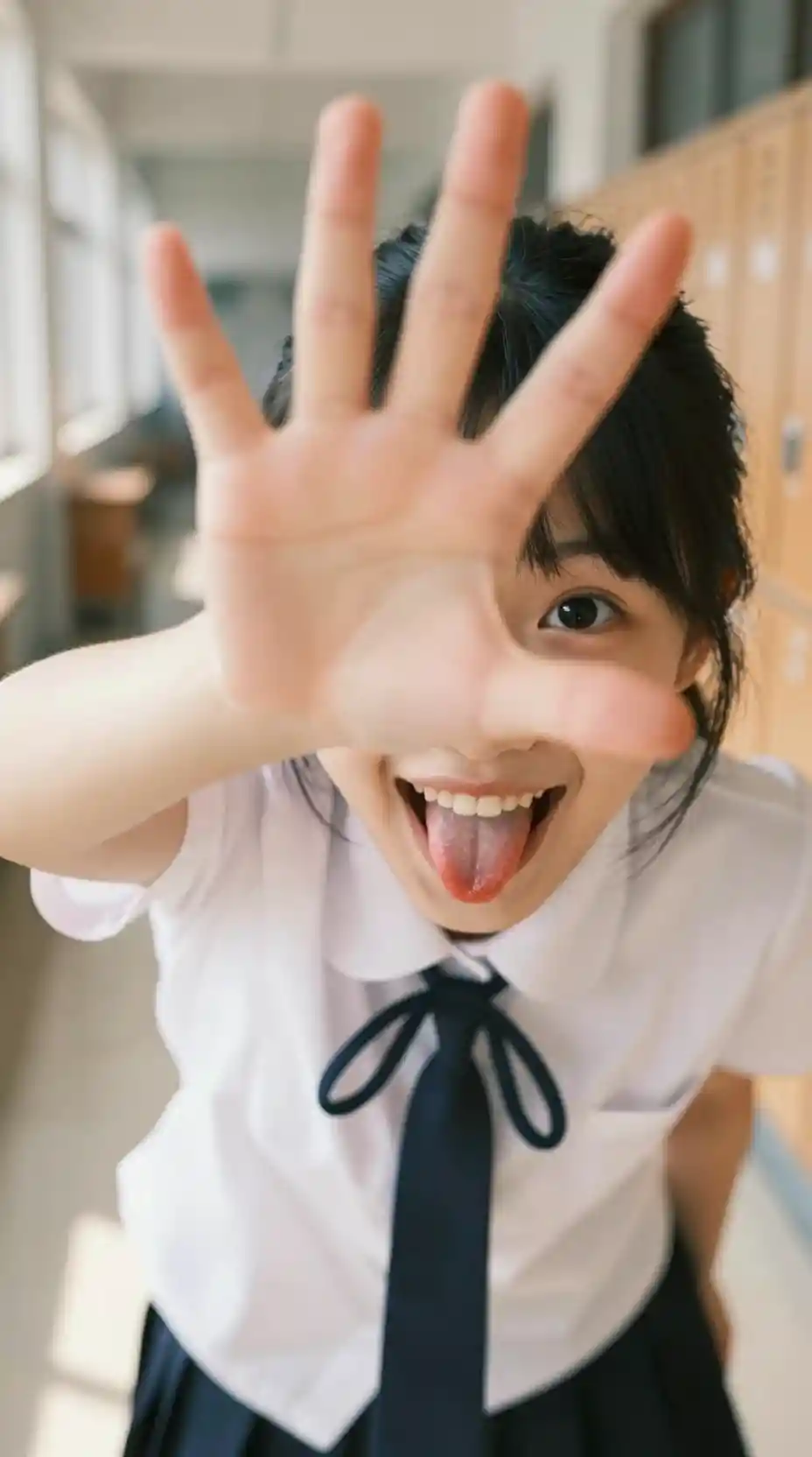 陽だまりの廊下でカメラを隠すいたずら好きな女子学生