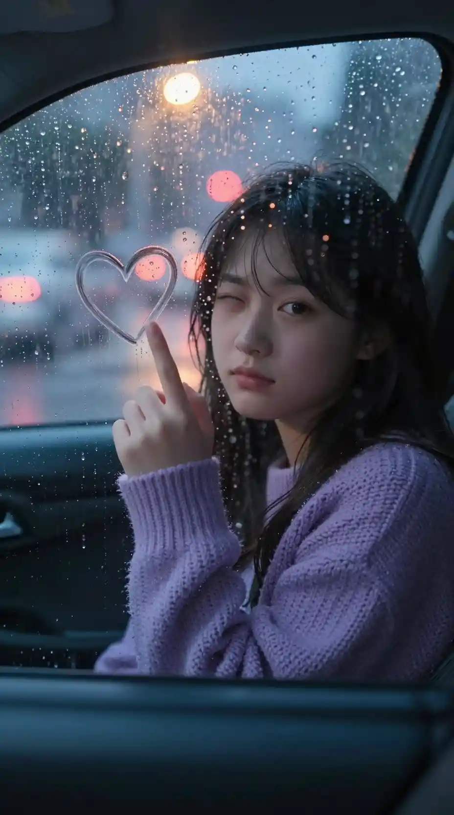 Girl peeking through heart on rainy car window at night