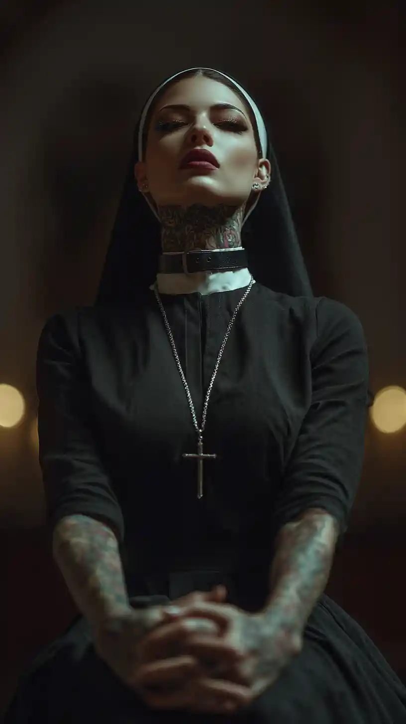 Tattooed woman in black dress sitting alone in church