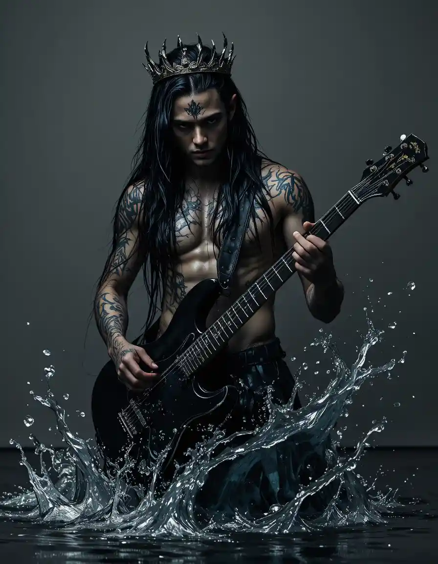 Dark crowned man playing electric guitar in swirling water