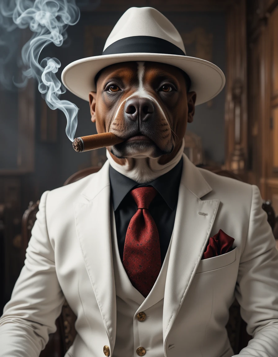 Confident dog mafia boss in white suit with cigar