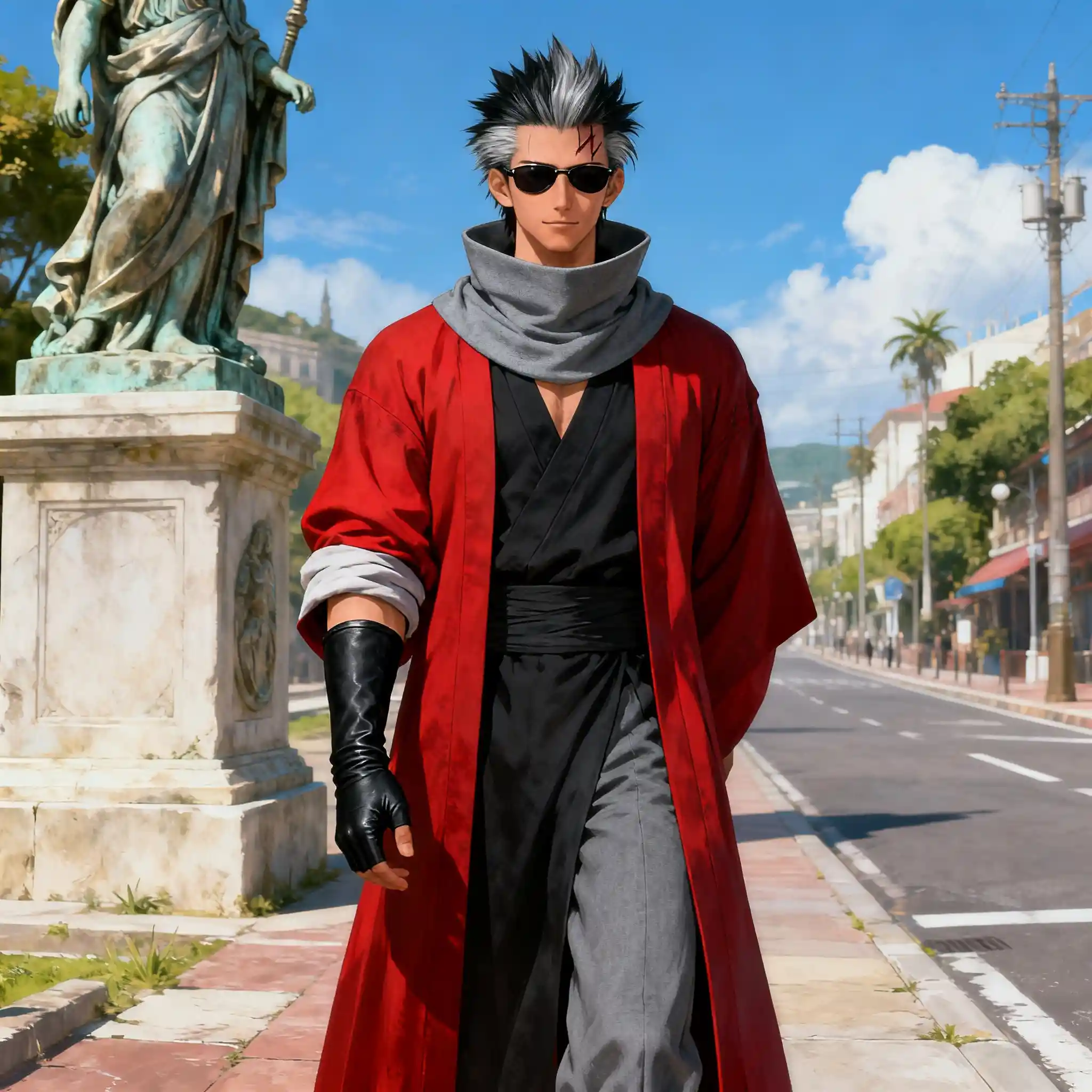 Calm warrior guardian standing on a fantasy high road