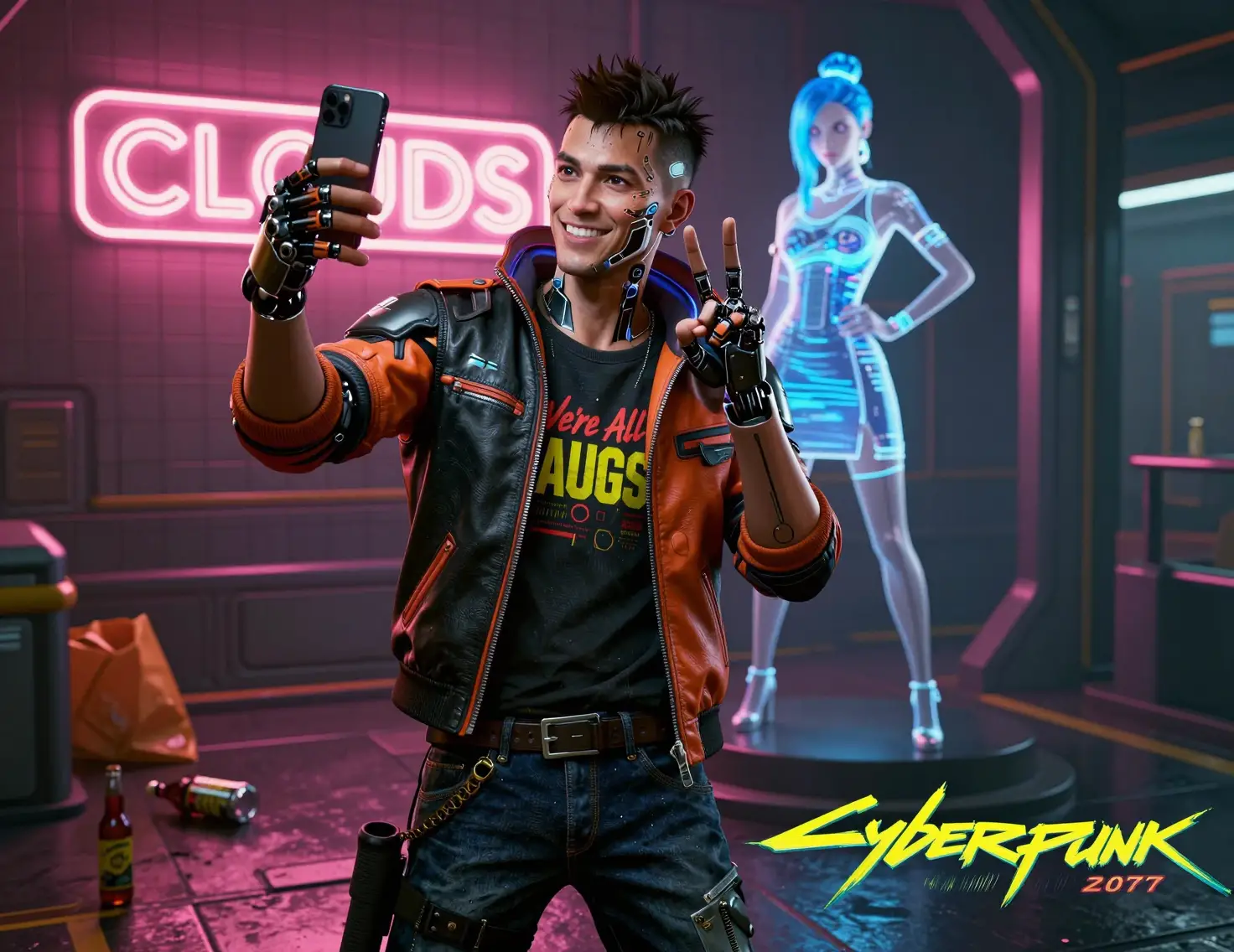 Cyberpunk man taking a neon lit selfie outside nightclub