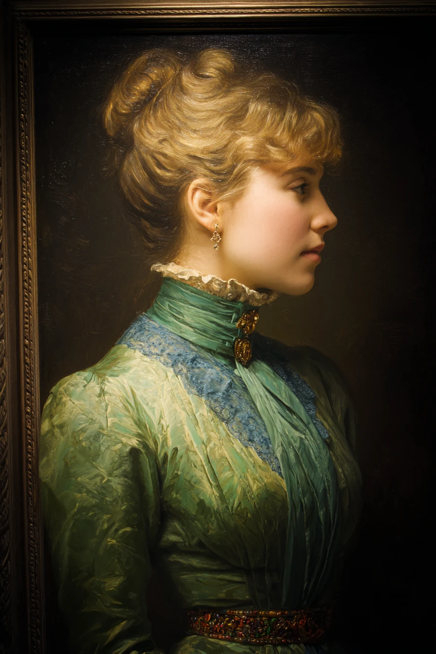 Young woman oil portrait glowing in soft window light